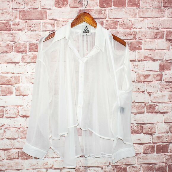 UNIF cut out Cold Shoulder Back Sheer Blouse White Size Medium - Picture 4 of 11